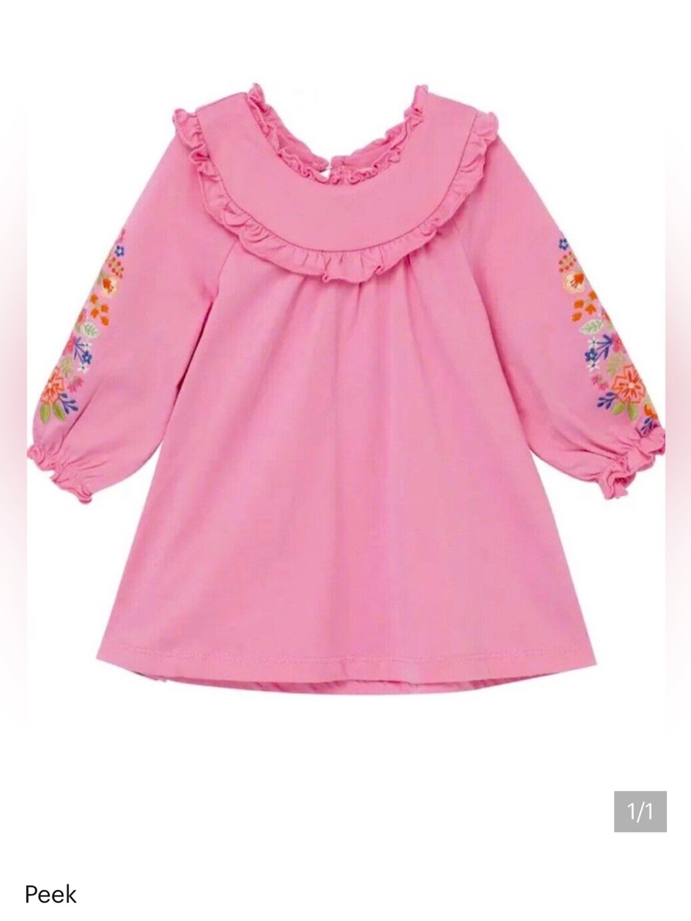 NWT Peek Pink Ruffle Yoke Dress with Floral Embroidered Sleeves 18-24m